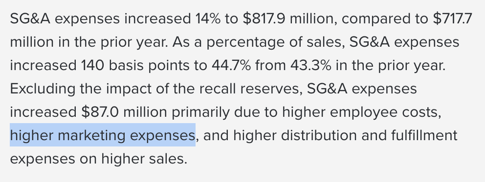 a screenshot of text highlighting "higher marketing expenses"